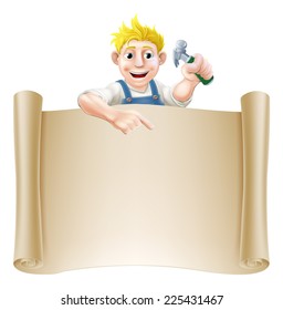 A carpenter or builder holding a claw hammer and peeking over a scroll banner and pointing