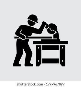 Carpenter Builder Working with Electric Circular Wood Saw at Table Vector Icon	