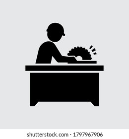 Carpenter Builder Working with Electric Circular Wood Saw at Table Vector Icon	