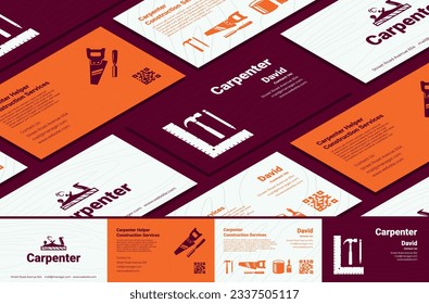 Carpenter business card template set with seamless pattern banner vector illustration. Home repair construction service house maintenance improvement renovation handyman advertising design