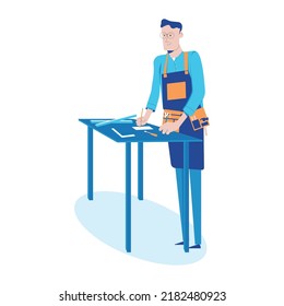 Carpenter. Carpentry course. carpenter designing wooden furniture. carpentry workshop making furniture, vector flat illustration. Friendly carpenter, she's dressed in work clothes.