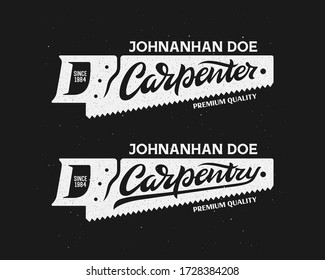 Carpenter carpentry hand drawn logo template. Hand saw drawing with hand made typography inscription. Vector vintage illustration.