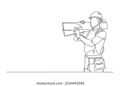 Carpenter carrying stack of wooden boards in continuous one line drawing. construction worker single line art illustration. Editable vector.