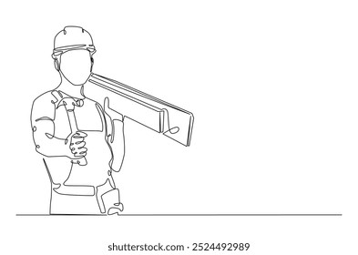 Carpenter carrying stack of wooden boards in continuous one line drawing. construction worker single line art illustration. Editable vector.