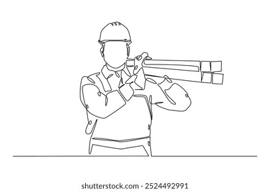 Carpenter carrying stack of wooden boards in continuous one line drawing. construction worker single line art illustration. Editable vector.