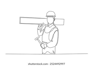 Carpenter carrying stack of wooden boards in continuous one line drawing. construction worker single line art illustration. Editable vector.