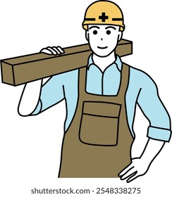 Carpenter Carrying Wood Wearing Safety Helmet Illustration