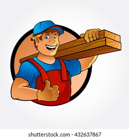 Carpenter Cartoon Illustration. Cartoon illustration of a handyman. Carpenter carrying planks of wood.