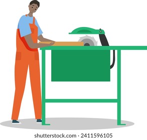 Carpenter cartoon man work with wood, isolated on white vector illustration. Male character industry design, job construction worker with professional tool. Person work with carpentry equipment.