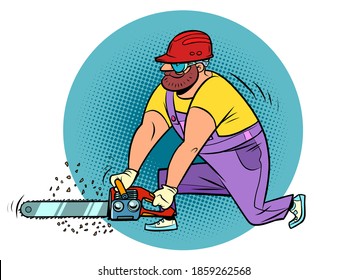 A carpenter with a chain saw. Comics caricature illustration drawing