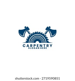 Carpintero con motosierra y herramientas de leñador logo diseño Vector Plantilla