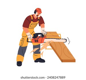 Carpenter with chainsaw sawing wood, cutting wooden plank. Joiner works with electric tool and hardwood, timber during woodwork carpentry. Flat graphic vector illustration isolated on white background