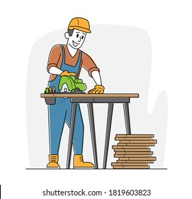Carpenter Character with Circular Saw Working in Workshop. Worker Carpentry Woodwork. Joiner Man Sawing Planks on Wooden Table Using Carpentry Equipment and Instruments. Linear Vector Illustration