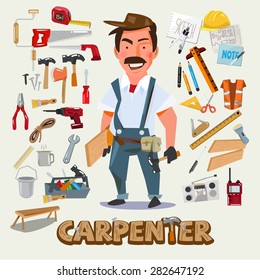 Carpenter character design with set of tools. Carpentry work design concept. typographic. vector illustration