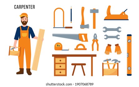 Carpenter character and set of carpenters tools and equipment for his work. Profession people concept. Vector illustrations isolated on white background.