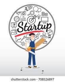 Carpenter character with startup icons on white background