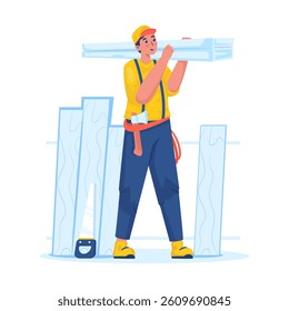 Carpenter character vector illustration, A man lifting pieces of wood, Woodworker for labor day