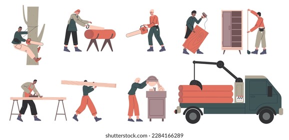 Carpenter characters. Various stages of wood processing. Workers with tools. Lumberjacks chop down trees. People with saws or planes. Wooden workshop. Vector woodworking