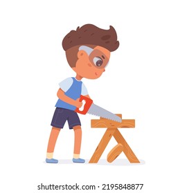 Carpenter child working with wood vector illustration. Cartoon isolated funny little boy in goggles woodworking, holding manual saw to work with timber. Carpentry, craft woodwork, hobby concept