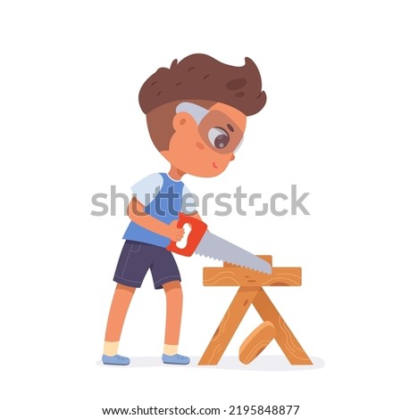 Carpenter child working with wood vector illustration. Cartoon isolated funny little boy in goggles woodworking, holding manual saw to work with timber. Carpentry, craft woodwork, hobby concept