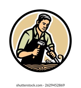Carpenter with a chisel and hammer. Vector illustration.