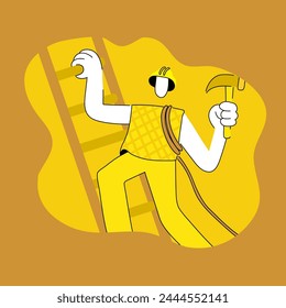 A carpenter is climbing a ladder, holding a hammer in one hand yellow tone style.