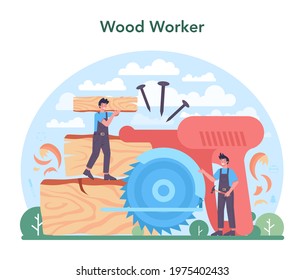 Carpenter concept. Woodworker processing wood-block. Builder working with wood, making constructions. Joinery and carpenry workshop. Isolated vector illustration