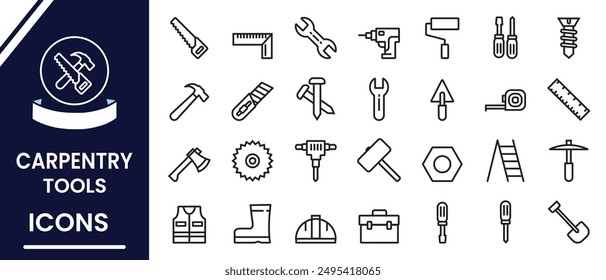 Carpenter and Construction vector, line icons set. Set of line tools for carpentry and Woodworking. Carpenter tools icons, vector set. Outline icon set of carpenter tools. Vector illustration.