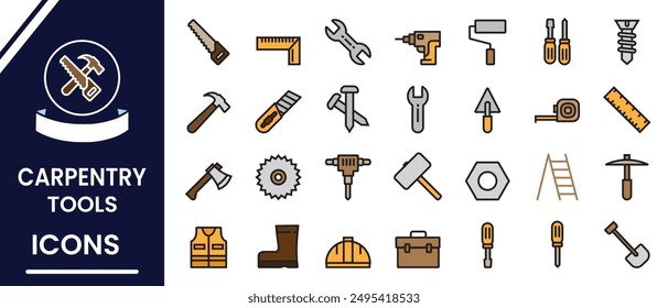 Carpenter and Construction vector set. Set of tools for carpentry and Woodworking. Carpenter tools icons, vector set. Outline icon set of carpenter tools. Vector illustration.