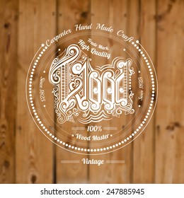 carpenter craft style background with type label wood middle on old plank blur photo