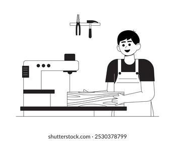 Carpenter cutting wood with cutting machine, for making craft, vector illustration.