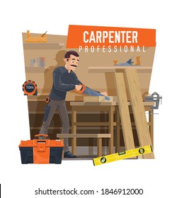 Carpenter cutting wooden board on workbench. Professional carpenter using hand saw, joiner crafting furniture in workshop, measure tape and toolbox, bubble level, carpentry vice and jack plane vector