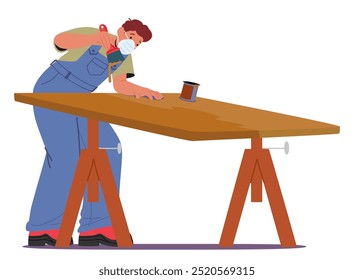 Carpenter Aplicando Diligentemente O Verniz À Mesa De Madeira Em Um Ambiente De Oficina Usando Uma Escova Enquanto Usa Uma Máscara Protetora. Cena vetorial captura a essência do trabalho em madeira e da dedicação ao artesanato