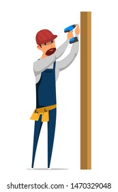 Carpenter drilling wooden beam vector illustration. Builder in hard hat, handyman in overalls cartoon character. Carpentry workshop worker with tool belt. Professional repairman, renovation service