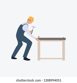 Carpenter driving nails flat icon. Uniform, hammer, furniture. Labor concept. Can be used for topics like woodwork, repair, craft