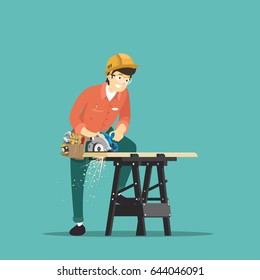 Carpenter with electric saw. Vector illustration.