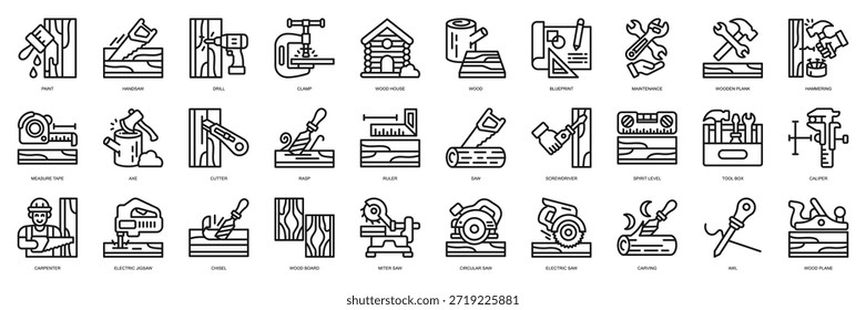 Estilo de línea de colección de ícono de elemento de carpintero. Contiene pintura, sierra de mano, taladro, abrazadera, casa de madera, madera, plano, mantenimiento, tablón de madera