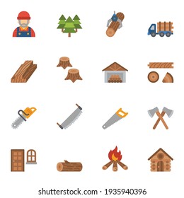 Carpenter elements or Woodworker flat color icons set 1 with white background.