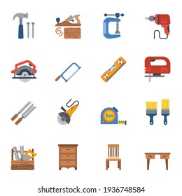Carpenter elements or Woodworker flat color icons set 2 with white background.
