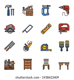 Carpenter elements or Woodworker icon set 2 with white background. Colored Thin Line Style Stroke vector.