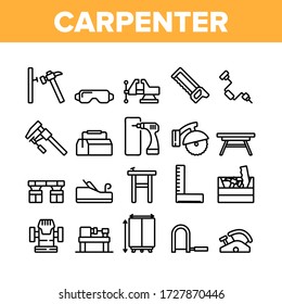 Carpenter Equipment Collection Icons Set Vector. Protect Glasses And Saw, Drill And Hammer, Working Table, Vise And Box With Carpenter Tool Concept Linear Pictograms. Monochrome Contour Illustrations