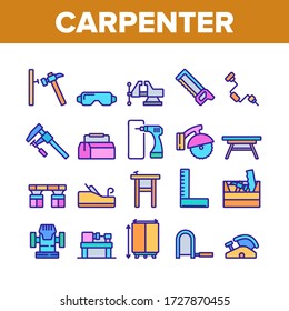 Carpenter Equipment Collection Icons Set Vector. Protect Glasses And Saw, Drill And Hammer, Working Table, Vise And Box With Carpenter Tool Concept Linear Pictograms. Color Illustrations