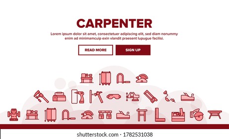 Carpenter Equipment Landing Web Page Header Banner Template Vector. Protect Glasses And Saw, Drill And Hammer, Working Table, Vise And Box With Carpenter Tool Illustrations