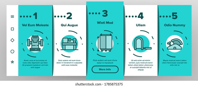 Carpenter Equipment Onboarding Mobile App Page Screen Vector. Protect Glasses And Saw, Drill And Hammer, Working Table, Vise And Box With Carpenter Tool Illustrations