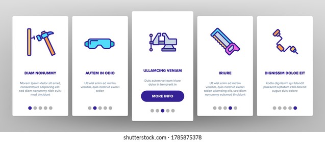 Carpenter Equipment Onboarding Mobile App Page Screen Vector. Protect Glasses And Saw, Drill And Hammer, Working Table, Vise And Box With Carpenter Tool Illustrations