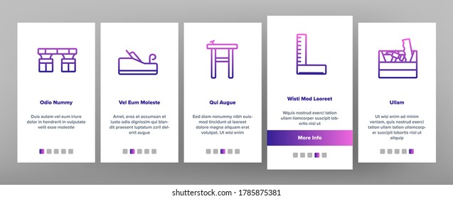 Carpenter Equipment Onboarding Mobile App Page Screen Vector. Protect Glasses And Saw, Drill And Hammer, Working Table, Vise And Box With Carpenter Tool Illustrations