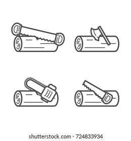 Carpenter equipment tool sawing and chopping timber symbol icon set outline stroke design illustration black and white color isolated on white background, vector eps10