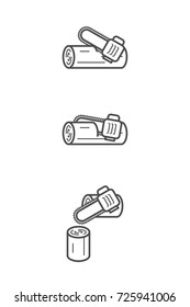 Carpenter equipment tool set step of sawing timber by chain saw symbol icon concept idea outline stroke design illustration black and white color isolated on white background, vector eps10