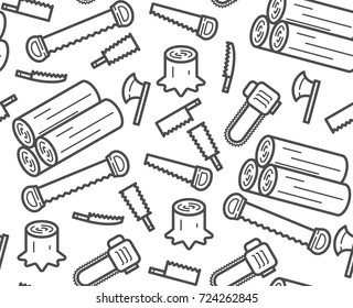 Carpenter equipment tool and stump, timber symbol icon set seamless pattern outline stroke design illustration black and white color isolated on white background, vector eps10