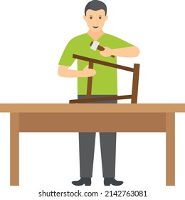 carpenter fixing the Office Chair Concept, Furniture Repair and Recycling vector color icon design, Crafting occupations symbol, hobby and art works Sign, Creative People stock illustration